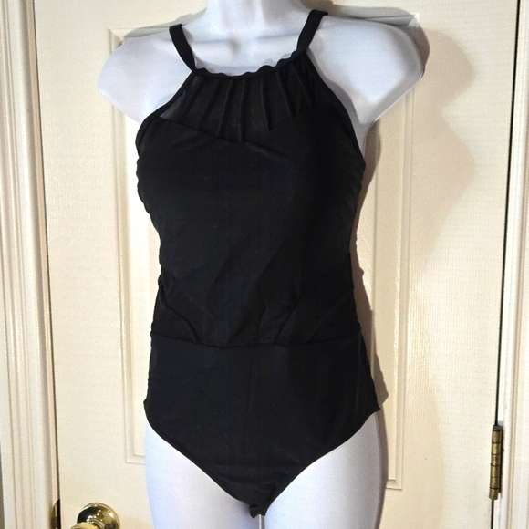 Holipick One Piece Swimsuit Bathing Suit Black Mesh Cutouts High Neck See Throug - Picture 3 of 16